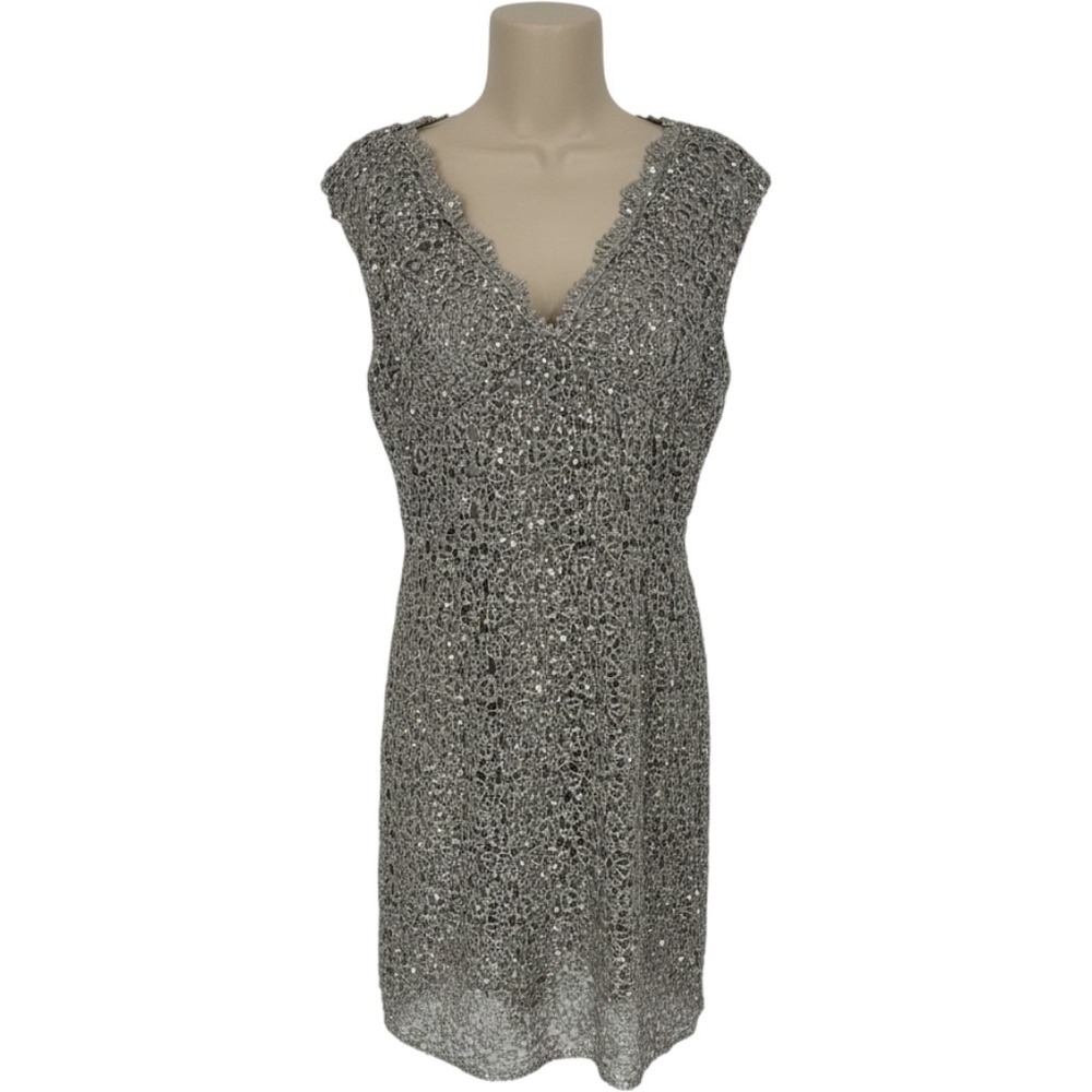 Marina Silver Lace Sequin V-Neck Cocktail Dress Petite 12P New With Tags